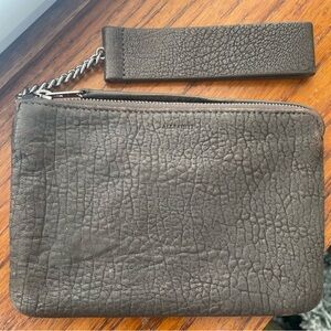All Saints Pouch Clutch Bag Pebbled Leather Taupe-Brown Zip